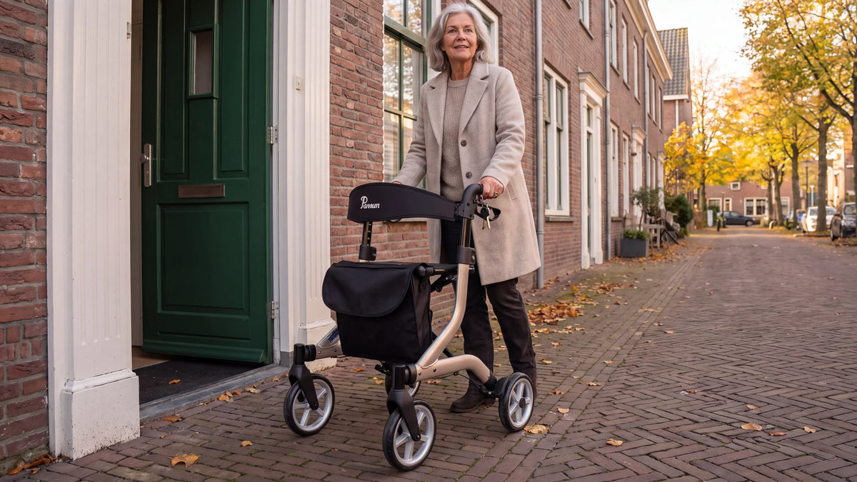 Parvum SuperLight in champagne by a green front door; a woman with gray hair pushes the rollator along the brick sidewalk.