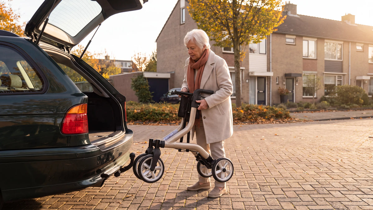 Folded Parvum SuperLight in champagne; a woman with white hair lifts it on a brick driveway toward the open trunk of a car.