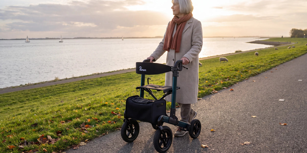 Parvum Luxo Air in petrol green on a dike by the water in the low sun; a woman looks out over the water.