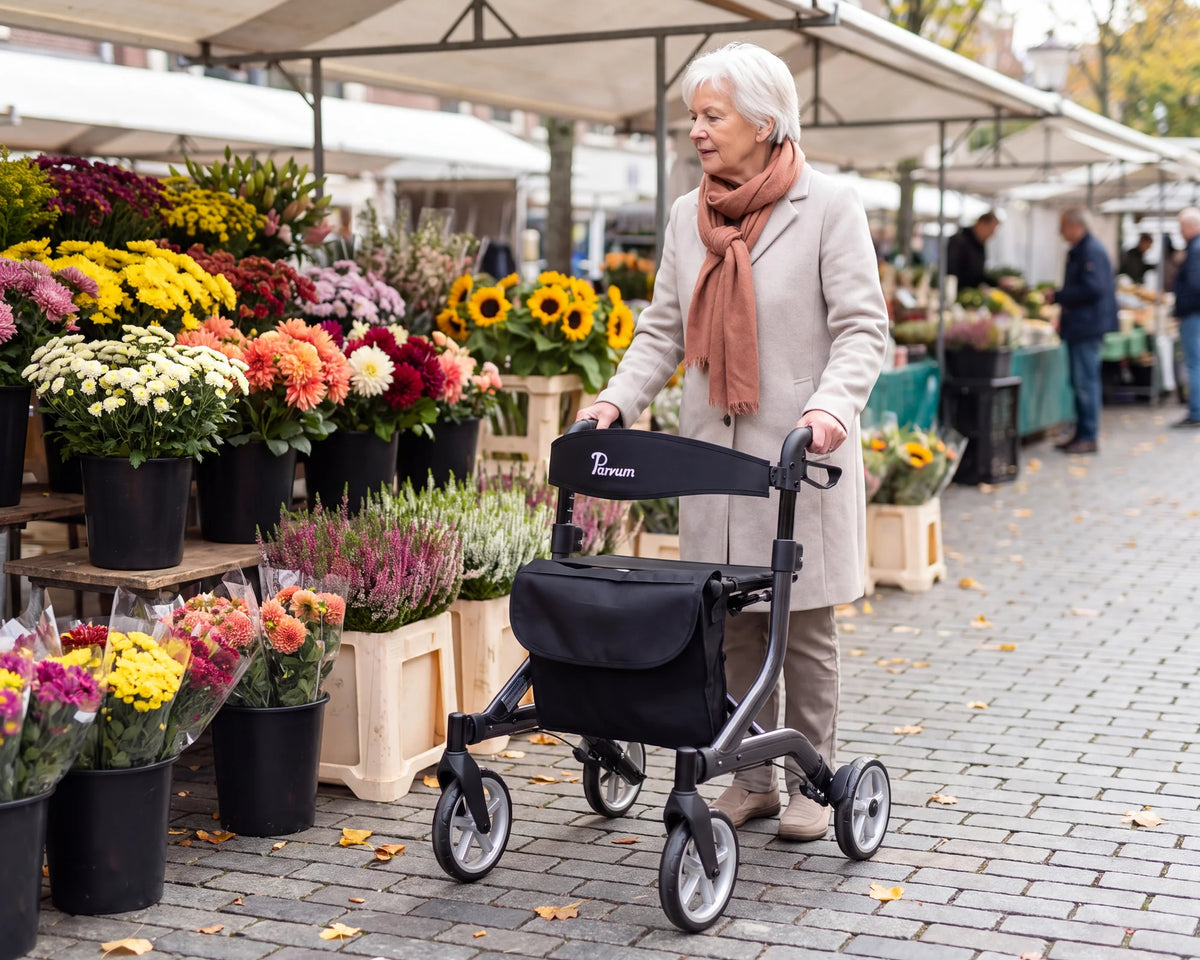 Parvum SuperLight in anthracite by a flower stall at the market; a woman looks at the buckets of flowers.